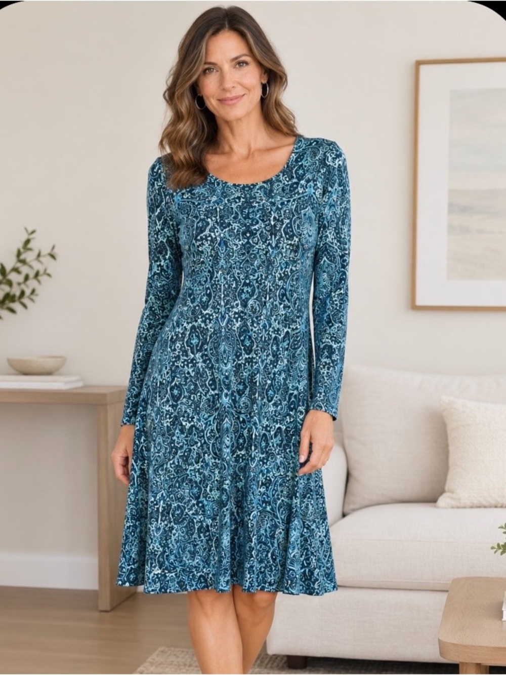 Karen Kane Paisley Long Sleeve Dress
Blue Black Stretch Knit S EUC